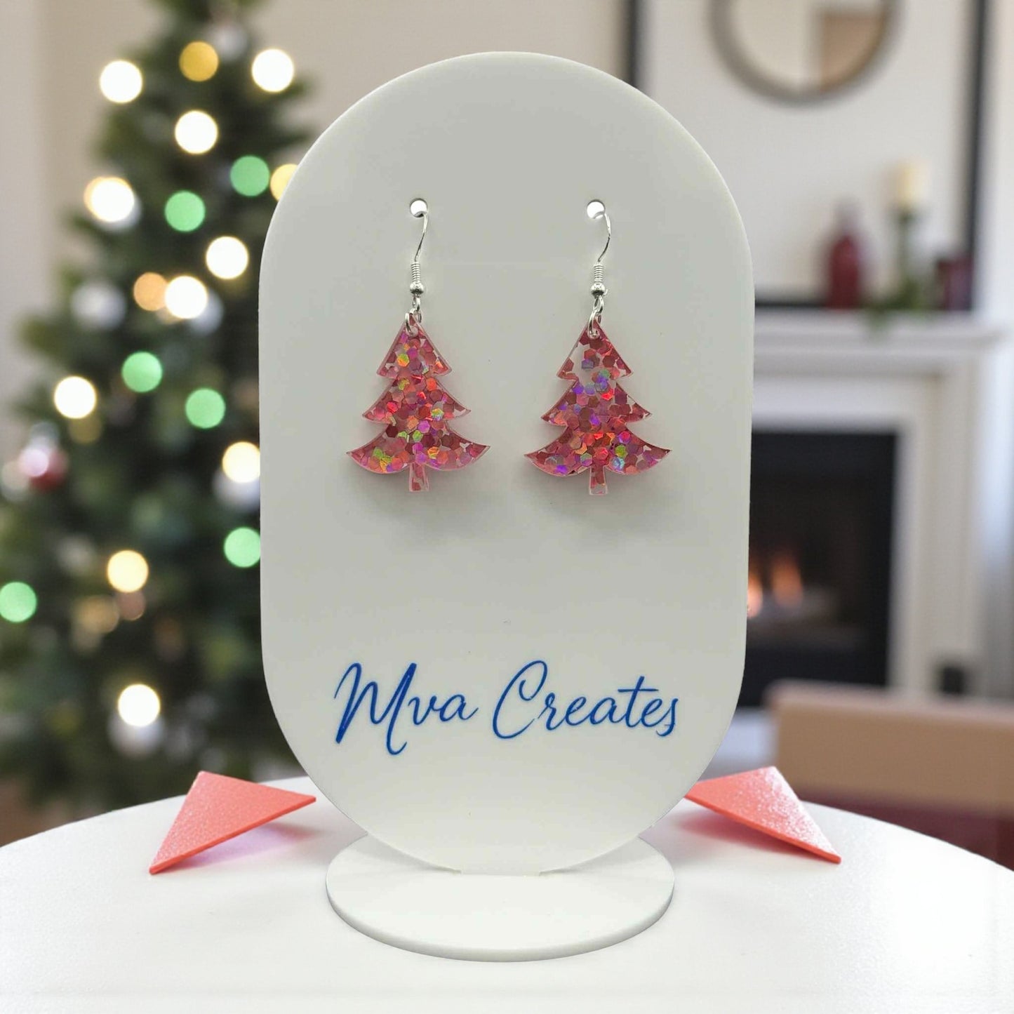 Pink Glitter Christmas Tree Earrings | Sparkly Holiday Acrylic Jewelry | Handmade Festive Gift for Her