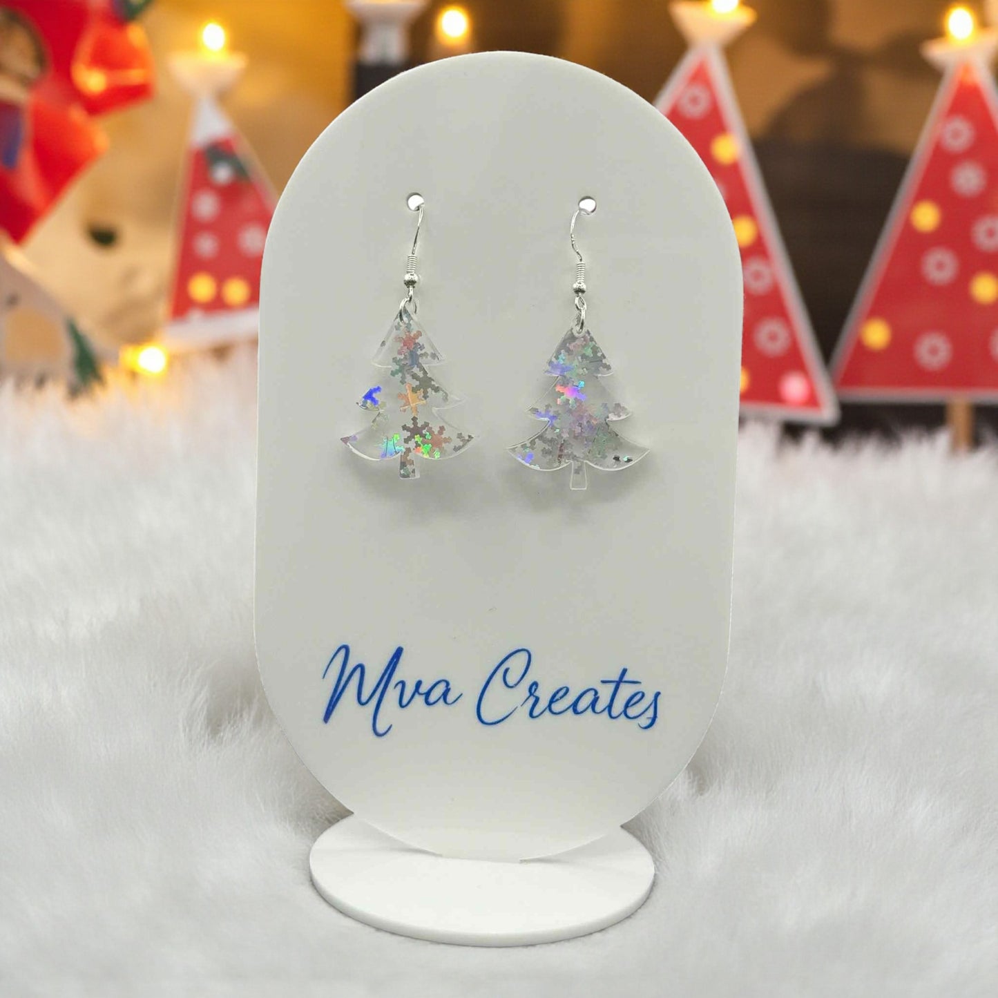 Holographic Christmas Tree Earrings | Iridescent Acrylic Holiday Jewelry | Sparkly Winter Gift