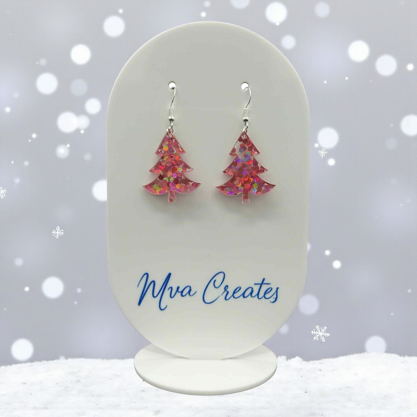 Pink Glitter Christmas Tree Earrings | Sparkly Holiday Acrylic Jewelry | Handmade Festive Gift for Her