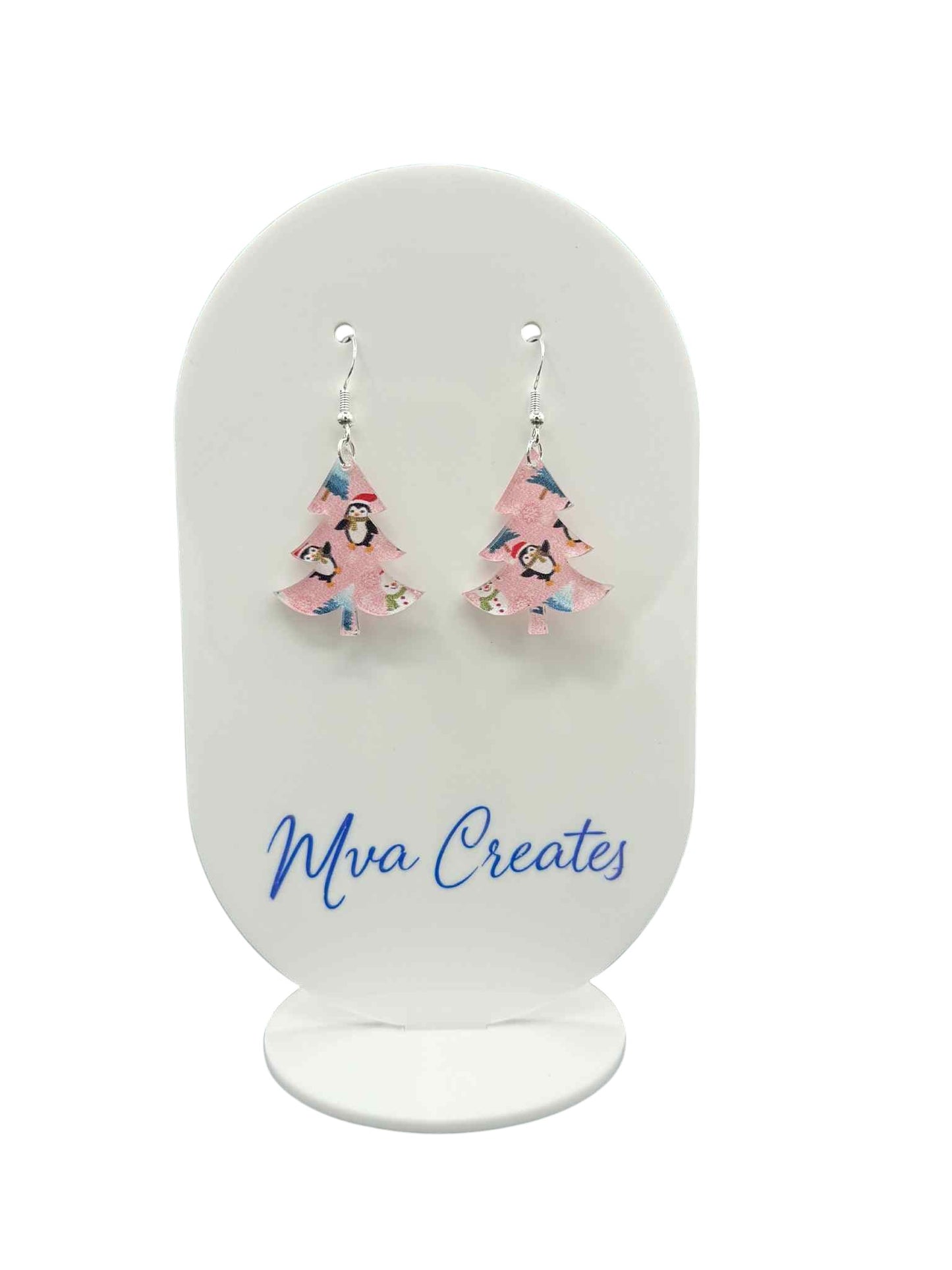 Pink Penguin Christmas Tree Earrings | Cute Holiday Acrylic Jewelry | Winter Gift for Her