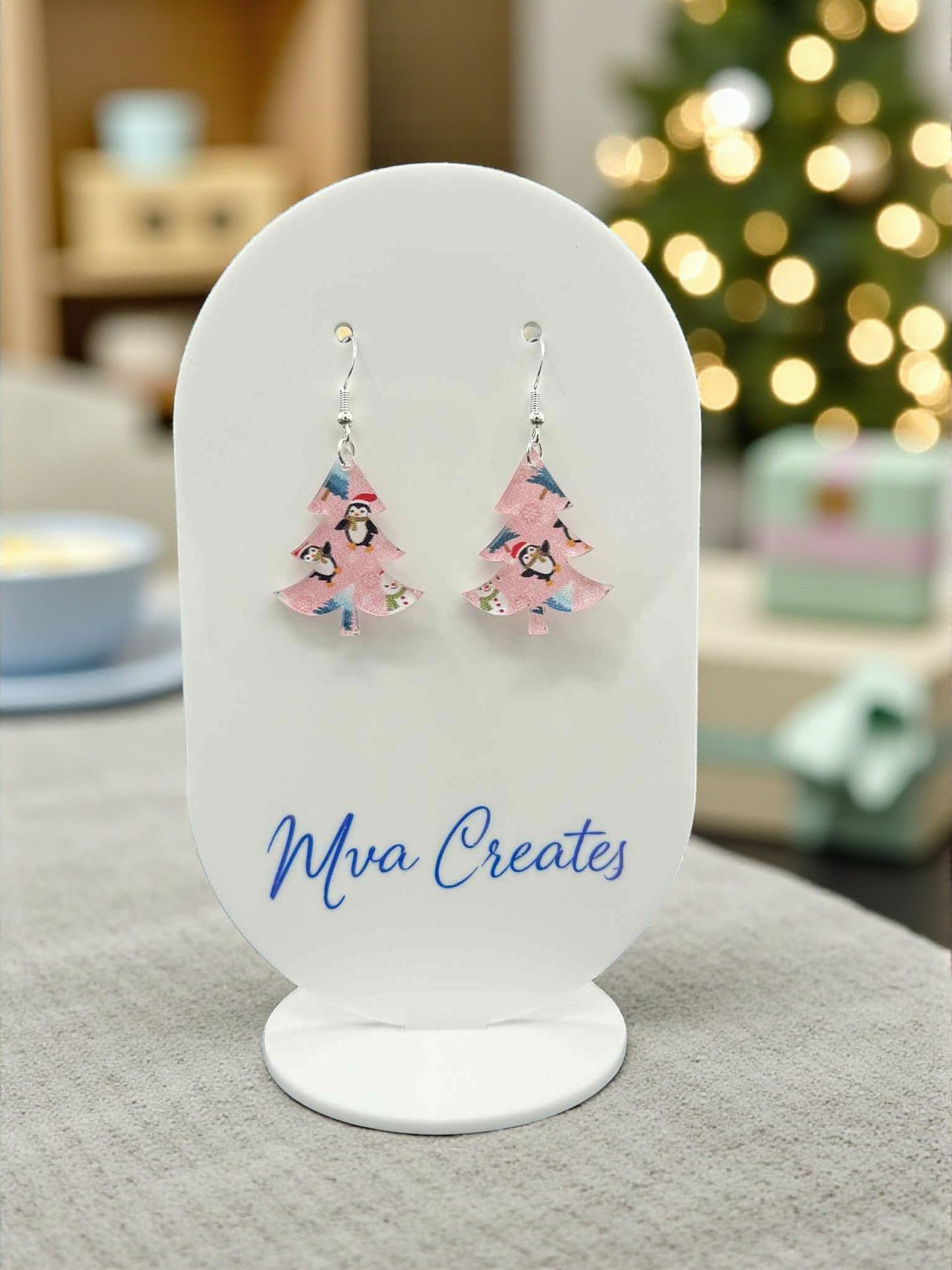 Pink Penguin Christmas Tree Earrings | Cute Holiday Acrylic Jewelry | Winter Gift for Her
