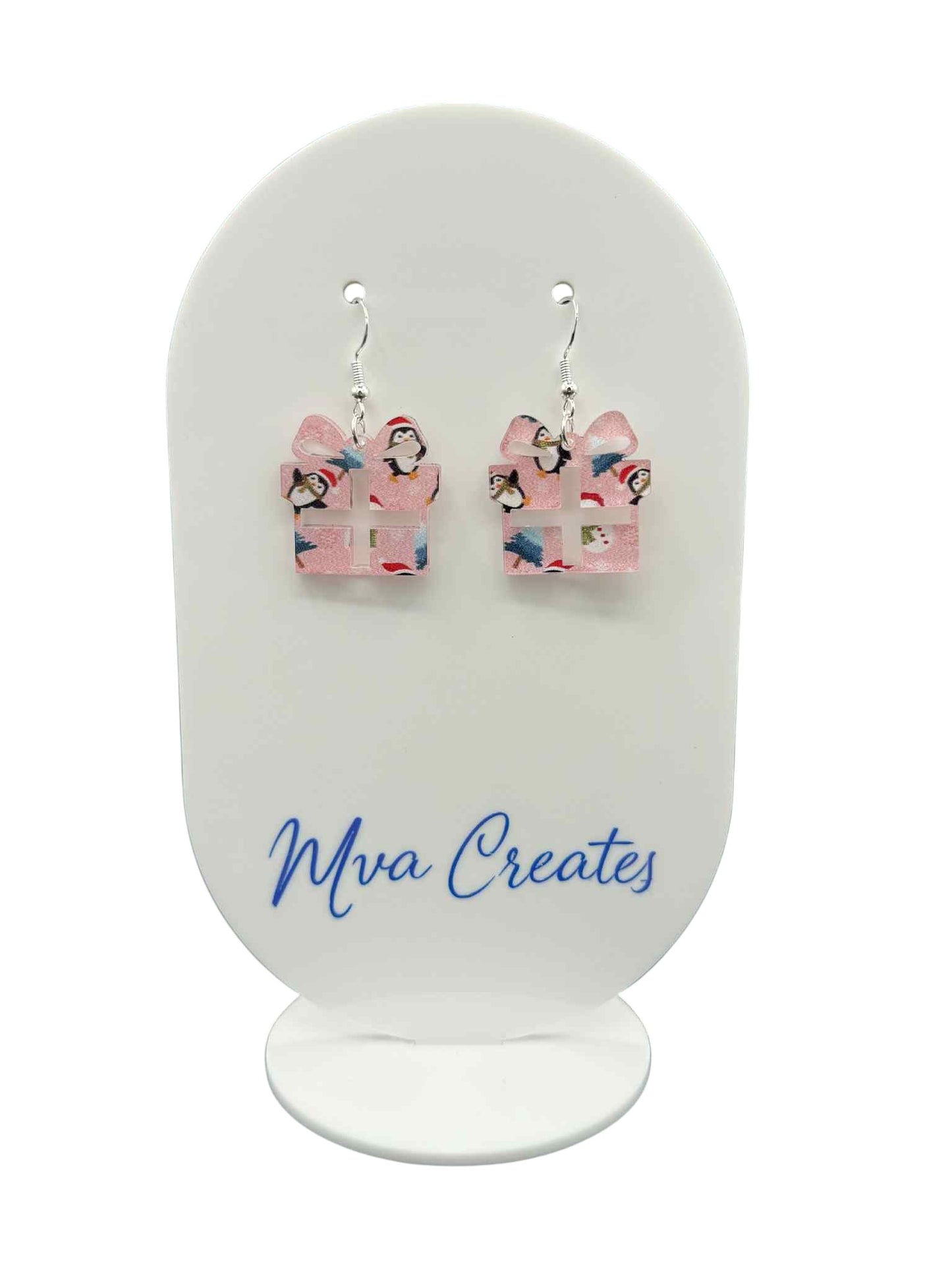 Pink Penguin Gift Box Earrings | Cute Christmas Acrylic Jewelry | Festive Holiday Gift for Her