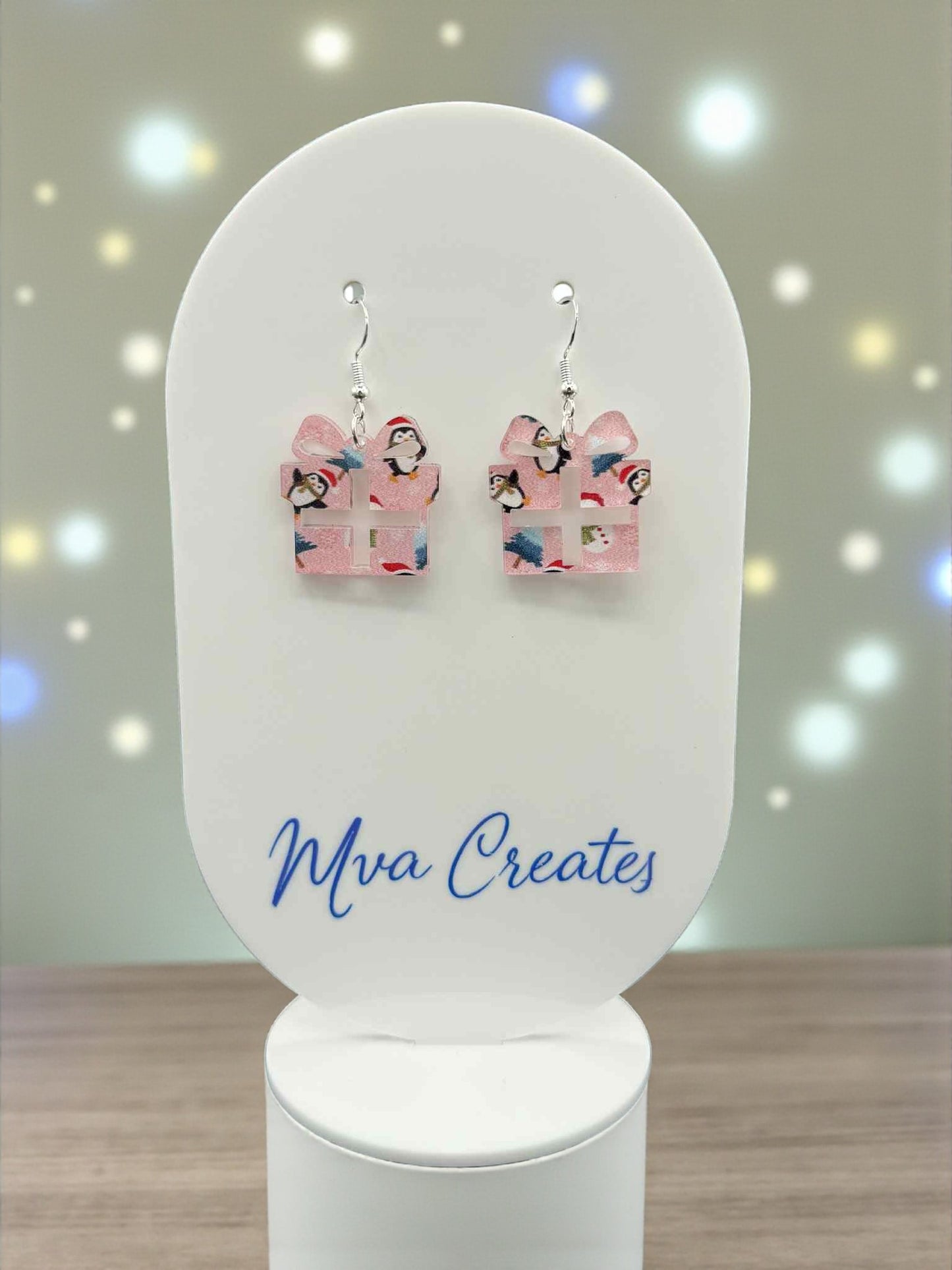 Pink Penguin Gift Box Earrings | Cute Christmas Acrylic Jewelry | Festive Holiday Gift for Her