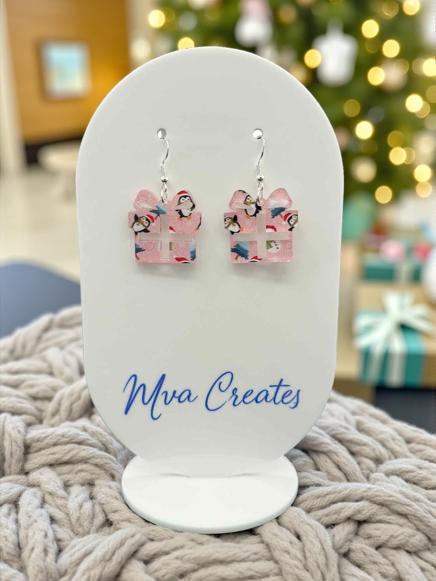Pink Penguin Gift Box Earrings | Cute Christmas Acrylic Jewelry | Festive Holiday Gift for Her