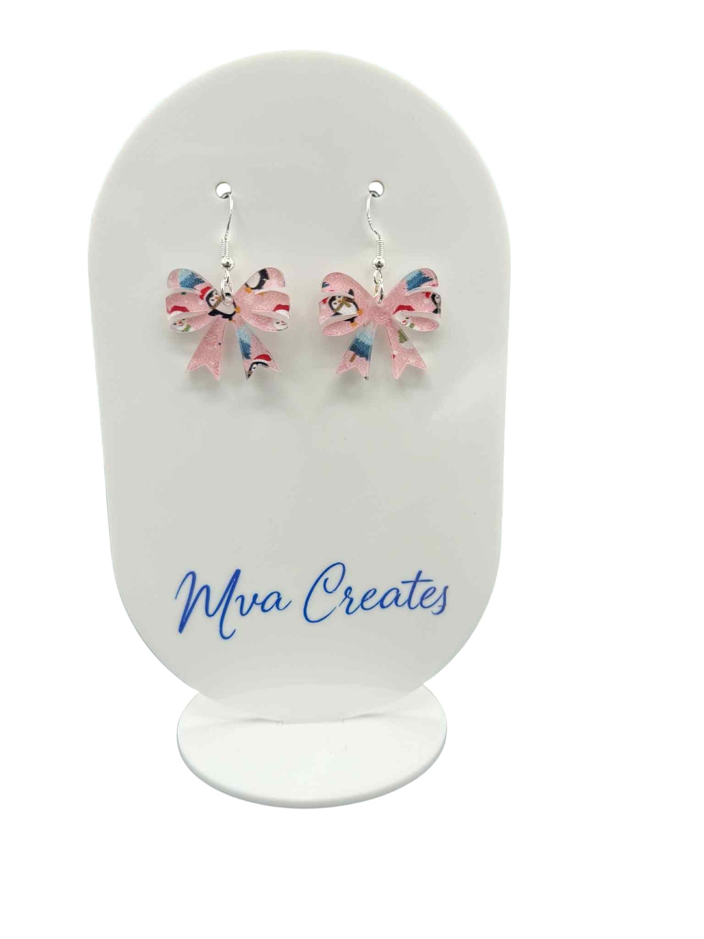 Pink Penguin Bow Earrings | Cute Christmas Acrylic Jewelry | Festive Winter Gift for Her