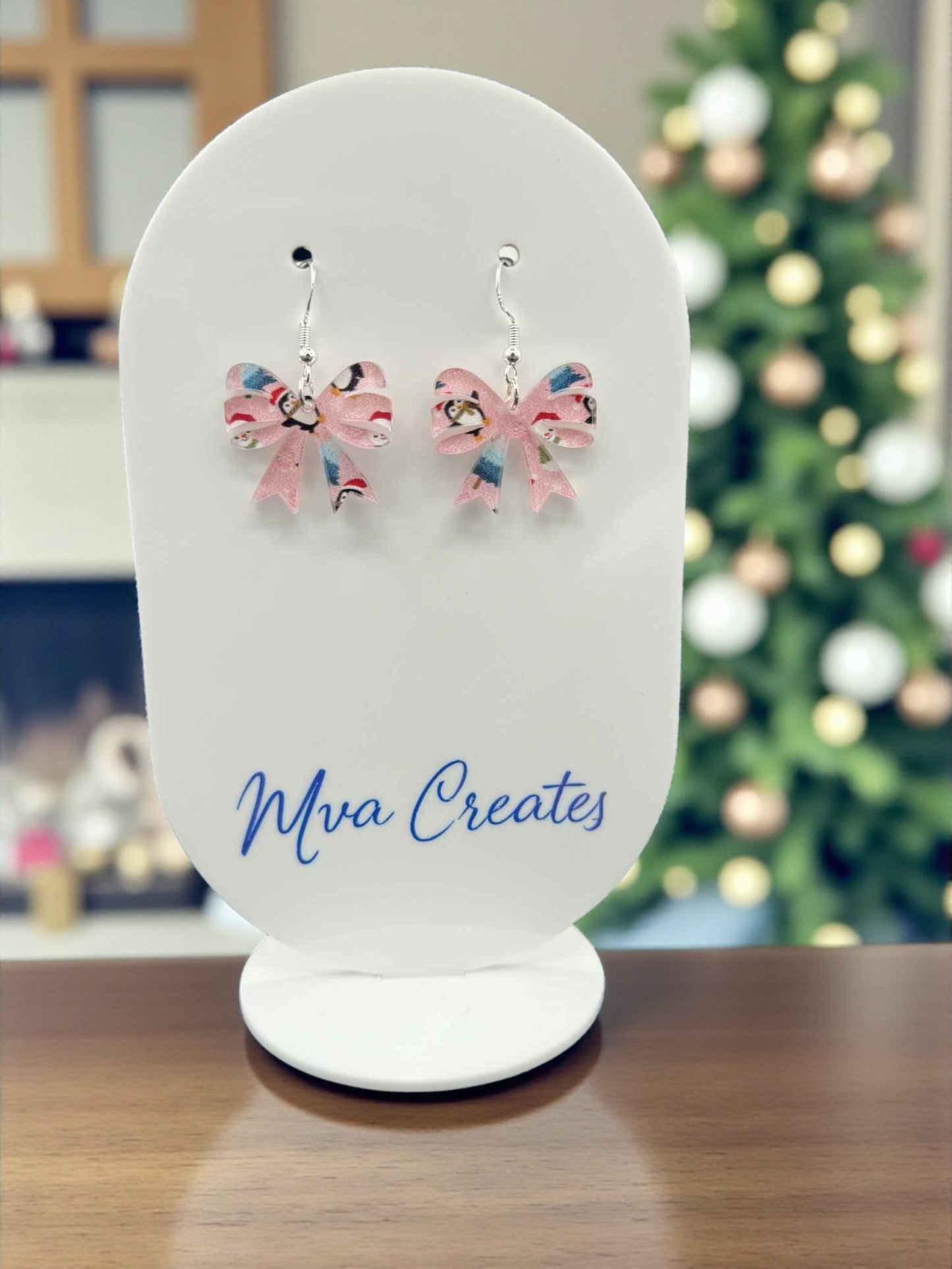 Pink Penguin Bow Earrings | Cute Christmas Acrylic Jewelry | Festive Winter Gift for Her