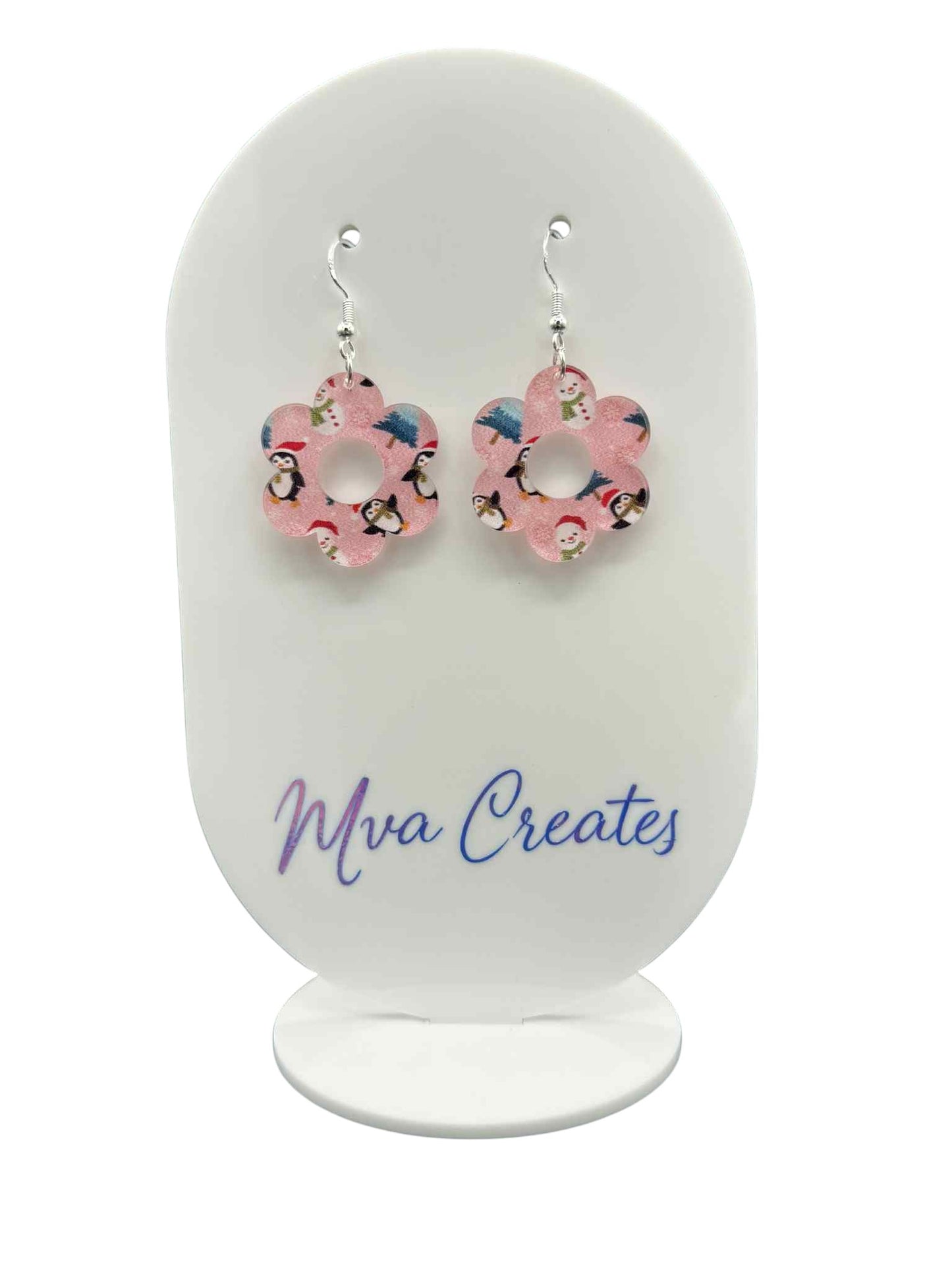 Pink Penguin Flower Earrings | Cute Christmas Acrylic Jewelry | Festive Winter Gift for Her