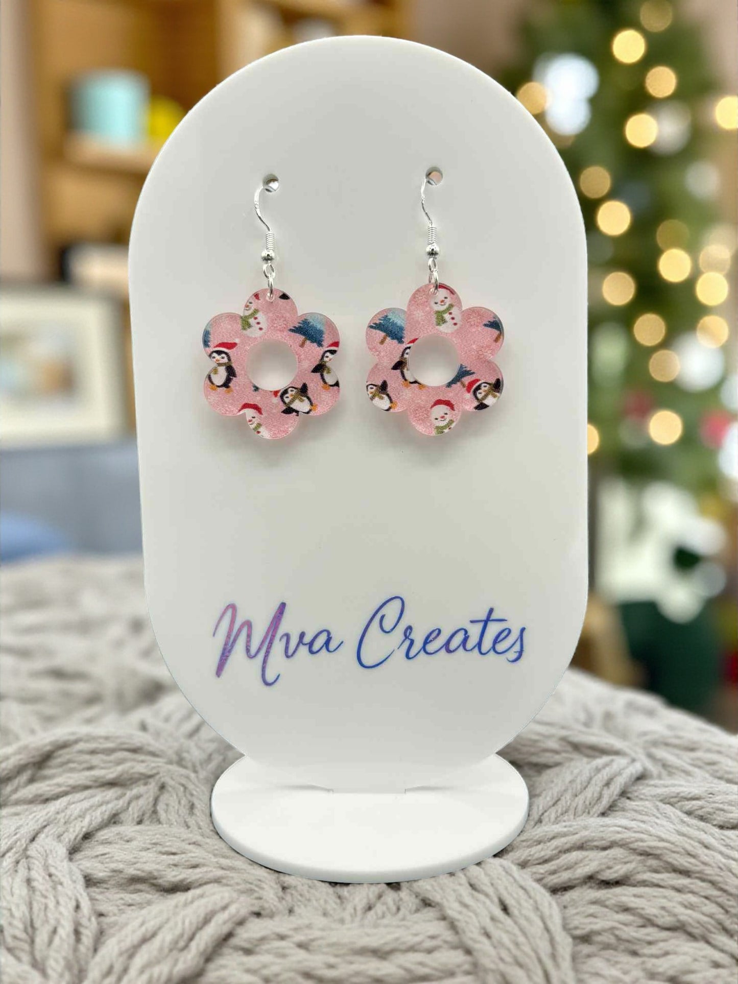 Pink Penguin Flower Earrings | Cute Christmas Acrylic Jewelry | Festive Winter Gift for Her