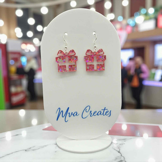 Pink Glitter Gift Box Earrings | Holiday Acrylic Earrings | Festive Jewelry Gift