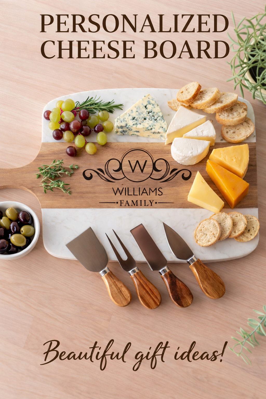 Personalized Marble & Acacia Serving Board Set (5pc) | Custom Engraved + 4 Tools