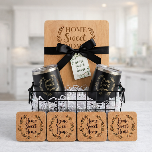 Luxury Realtor Closing Gift Basket – Personalized Rubberwood Board + 2 Laser-Engraved 12oz Wine Tumblers