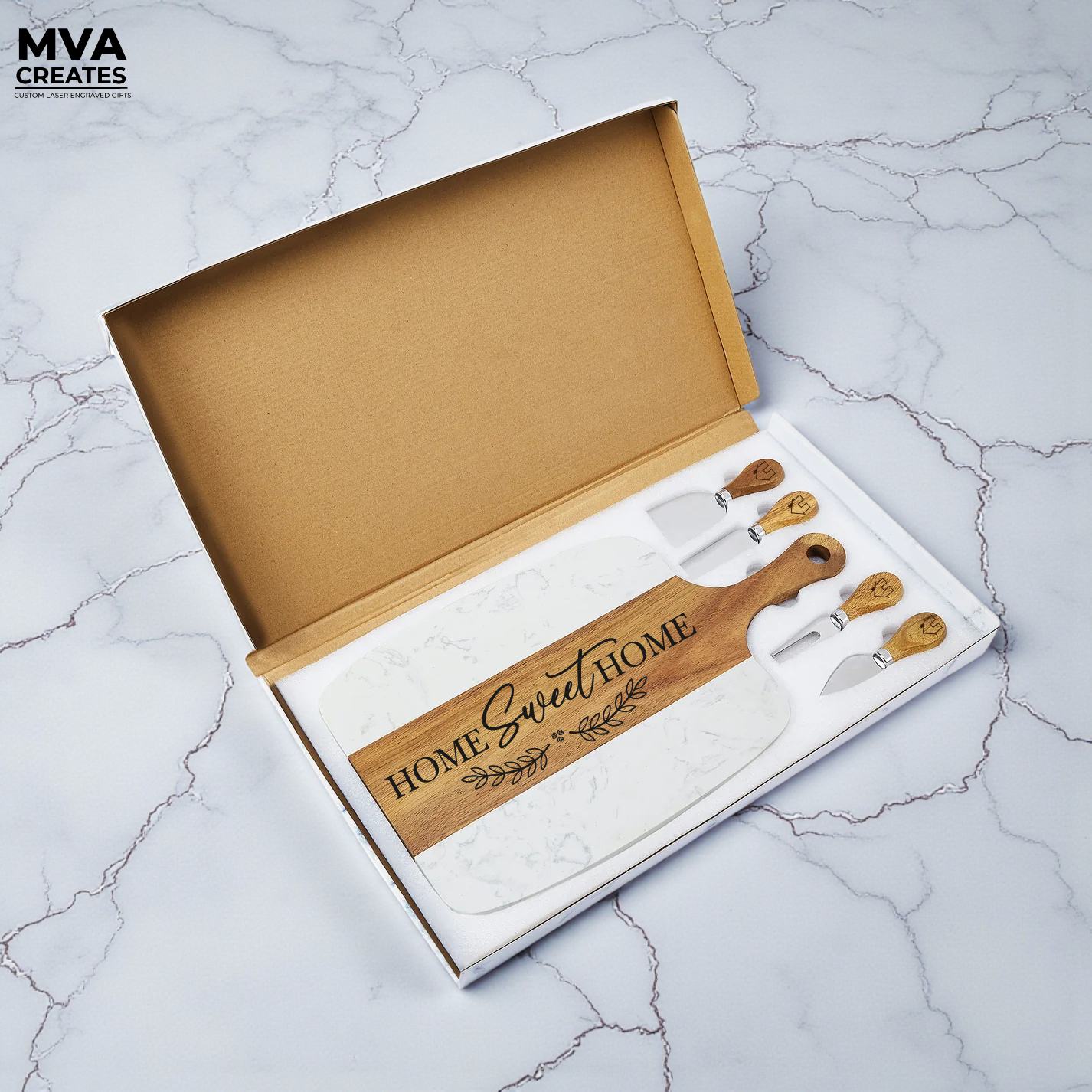 Personalized Marble & Acacia Serving Board Set (5pc) | Custom Engraved + 4 Tools