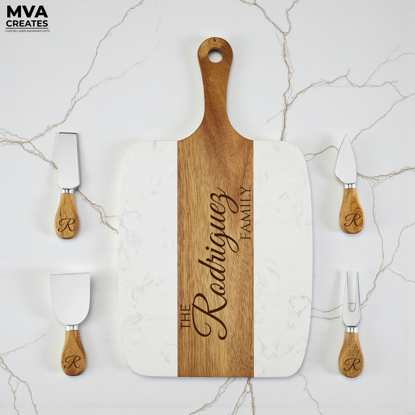 Personalized Marble & Acacia Serving Board Set (5pc) | Custom Engraved + 4 Tools
