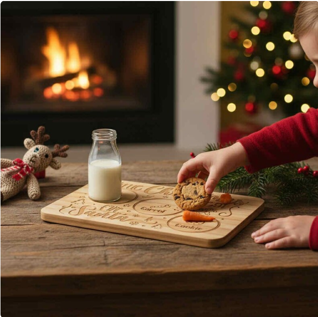 Personalized Christmas Eve Treat Board for Santa – Engraved Bamboo Milk & Cookies Tray – Holiday Family Tradition Gift