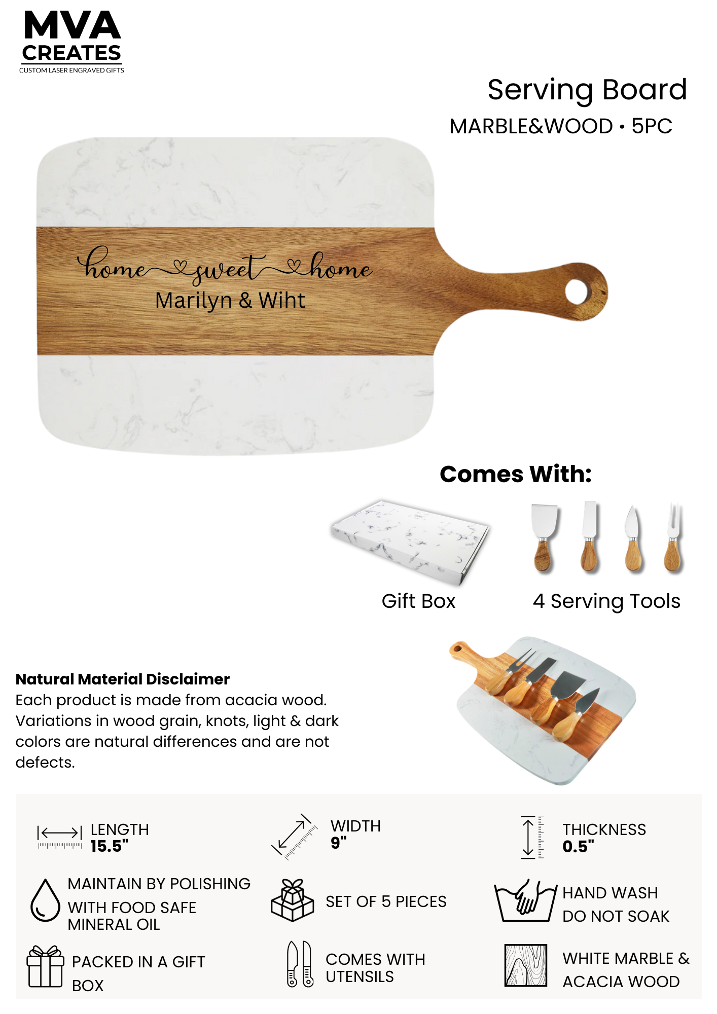 Personalized Marble & Acacia Serving Board Set (5pc) | Custom Engraved + 4 Tools