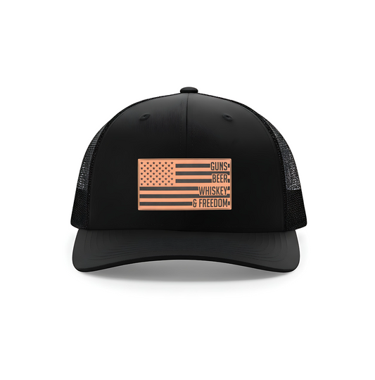 Guns, Beer, Whiskey & Freedom Hat – Richardson 112 Trucker Cap with Leatherette Flag Patch