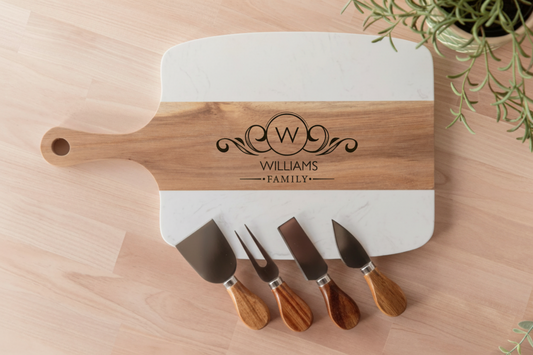 Personalized Marble & Acacia Serving Board Set (5pc) | Custom Engraved + 4 Tools