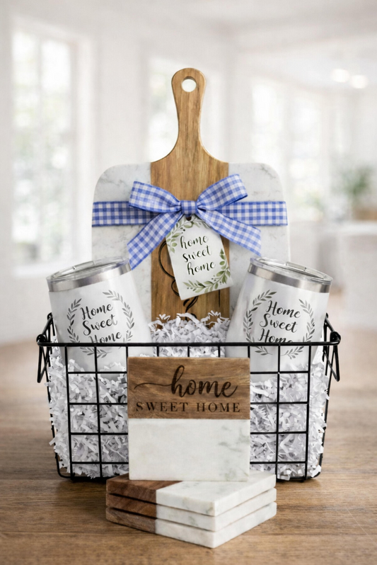 Luxury Realtor Closing Gift Basket Personalized Marble & Wood Set (2 Wine Tumblers)