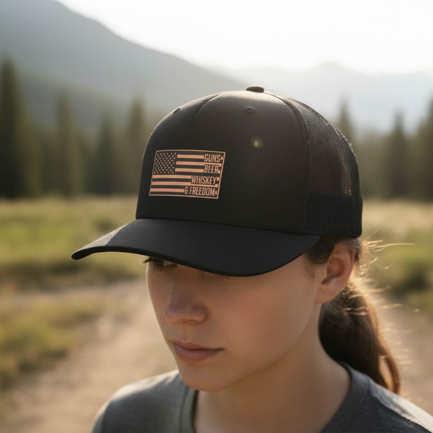 Guns Beer Whiskey & Freedom Leatherette Patch Hat – Richardson 112 Trucker Cap