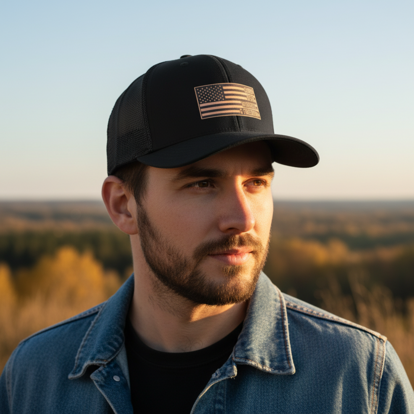 Guns Beer Whiskey & Freedom Leatherette Patch Hat – Richardson 112 Trucker Cap