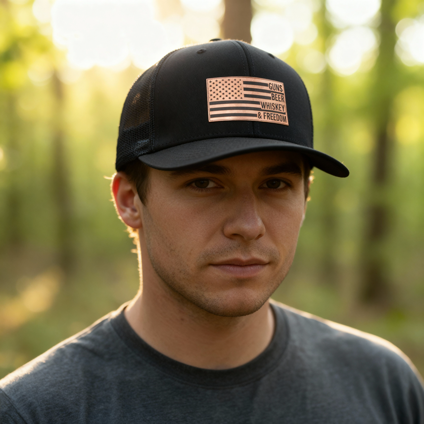 Guns, Beer, Whiskey & Freedom Hat – Richardson 112 Trucker Cap with Leatherette Flag Patch