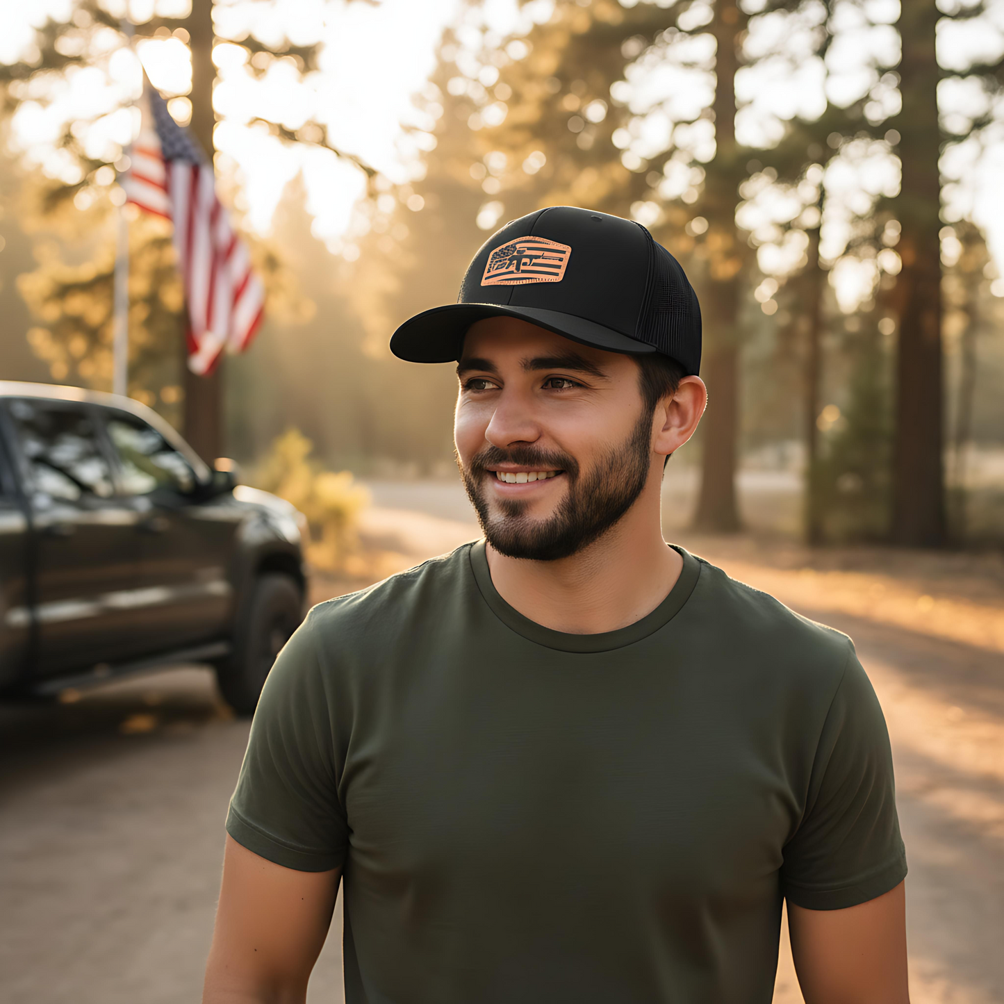 American Flag Rifle Leatherette Patch Hat – Richardson 112 Trucker Cap