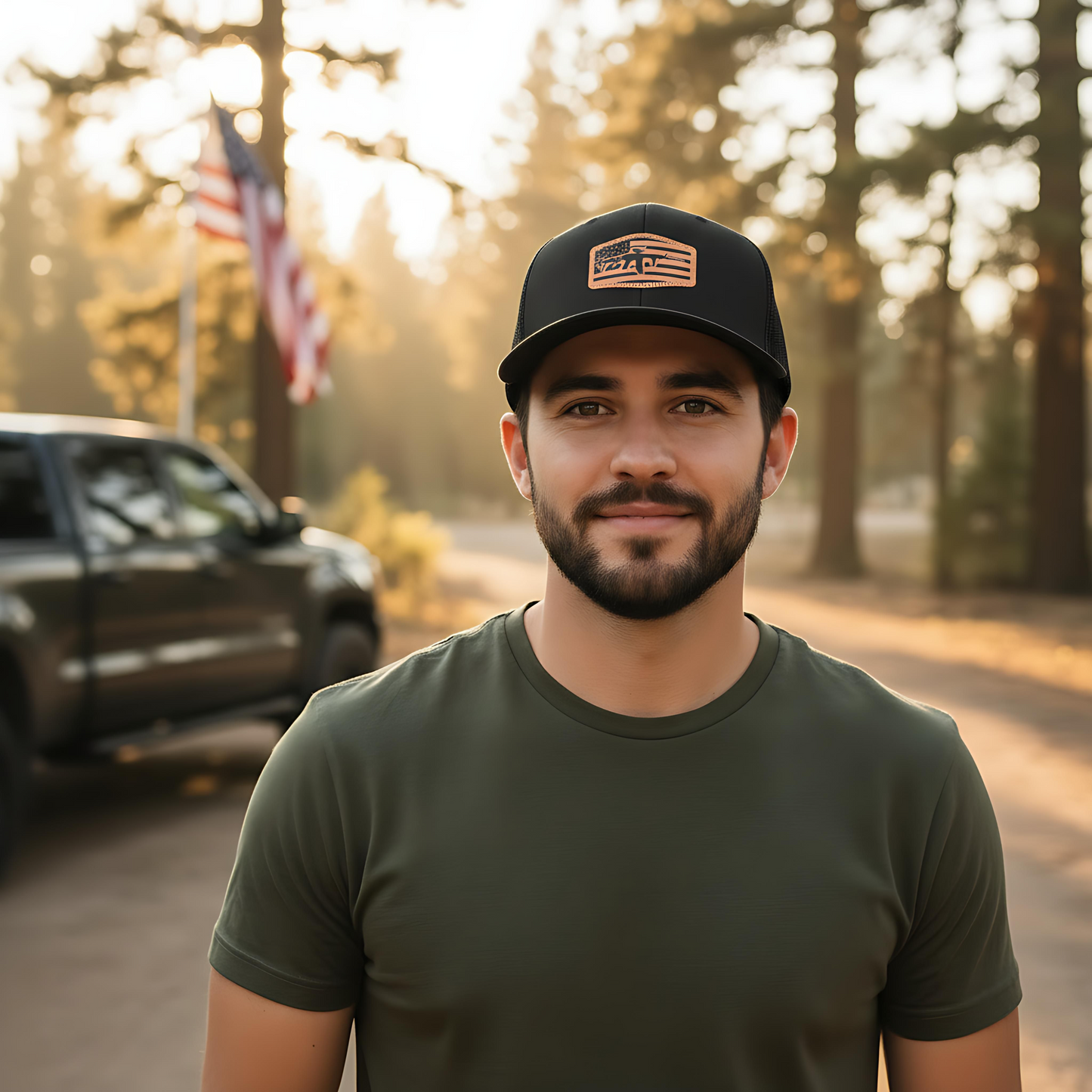 American Flag Rifle Leatherette Patch Hat – Richardson 112 Trucker Cap