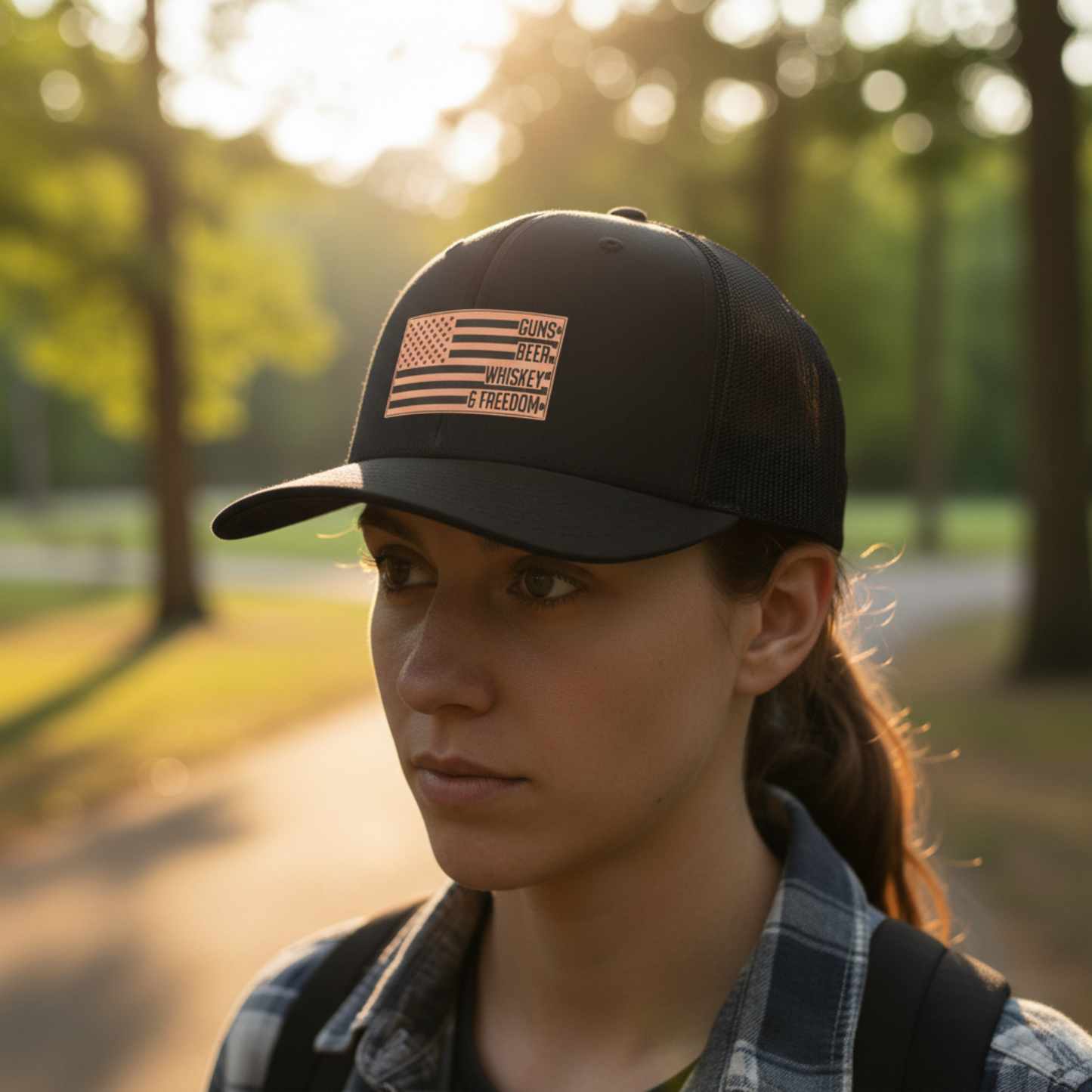 Guns, Beer, Whiskey & Freedom Hat – Richardson 112 Trucker Cap with Leatherette Flag Patch