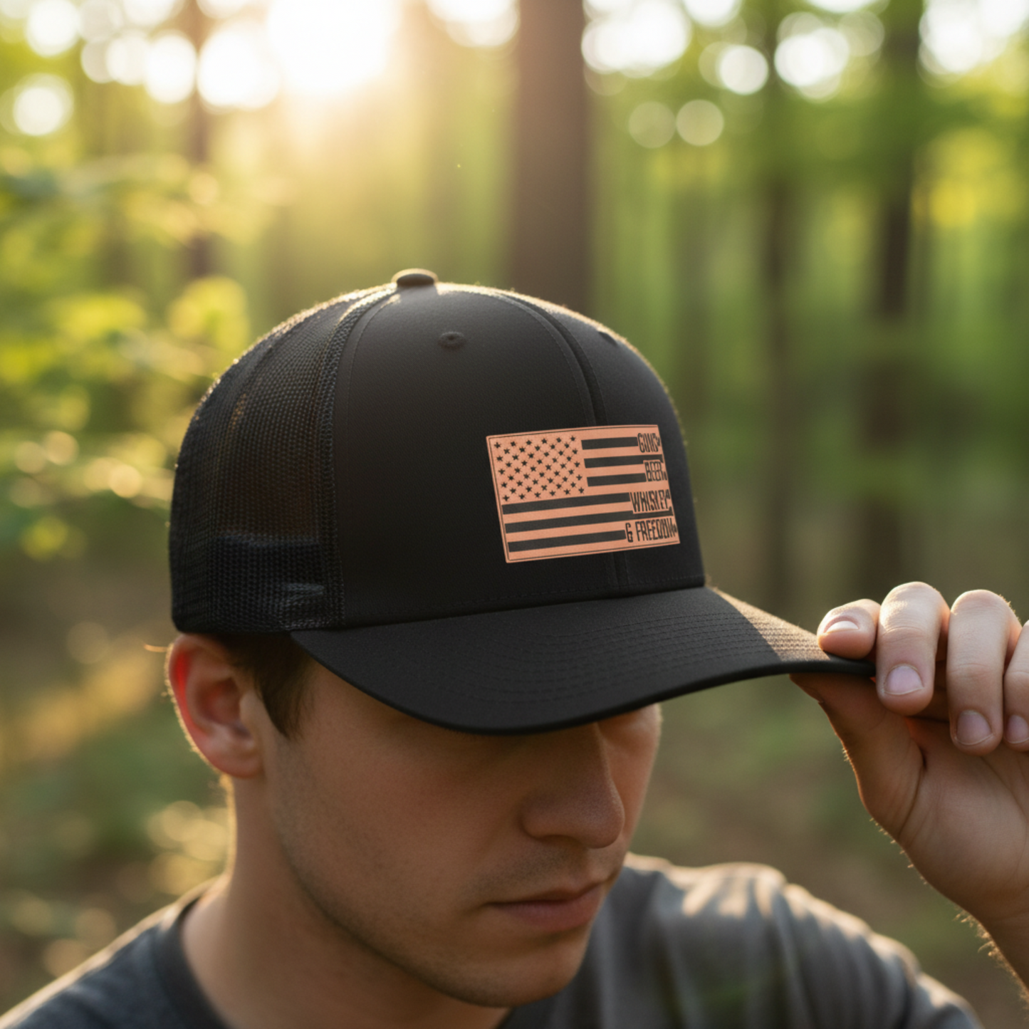 Guns, Beer, Whiskey & Freedom Hat – Richardson 112 Trucker Cap with Leatherette Flag Patch