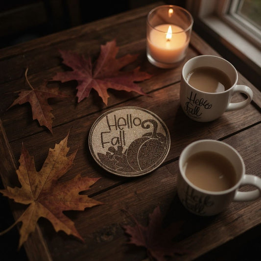 Hello Fall Cork Coaster – Laser-Engraved Pumpkin & Leaves