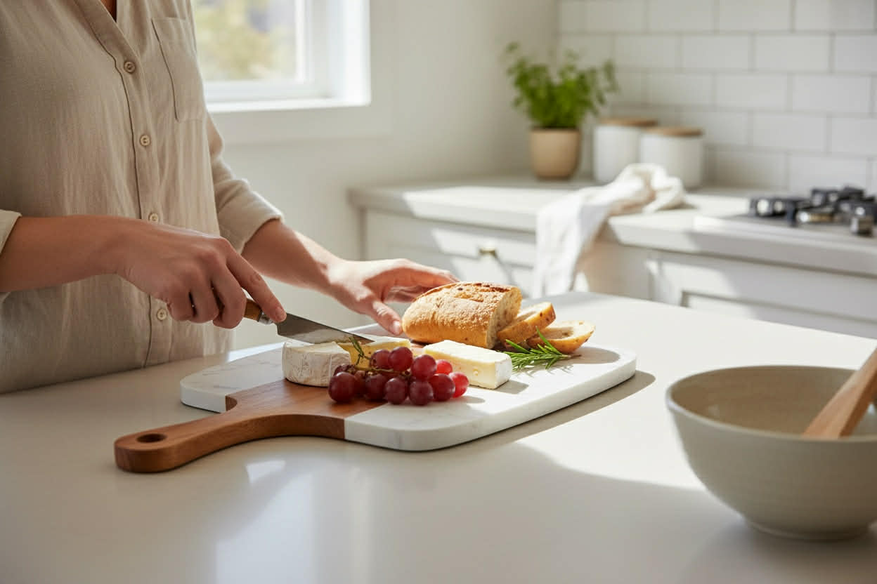 Personalized Marble & Acacia Serving Board Set (5pc) | Custom Engraved + 4 Tools