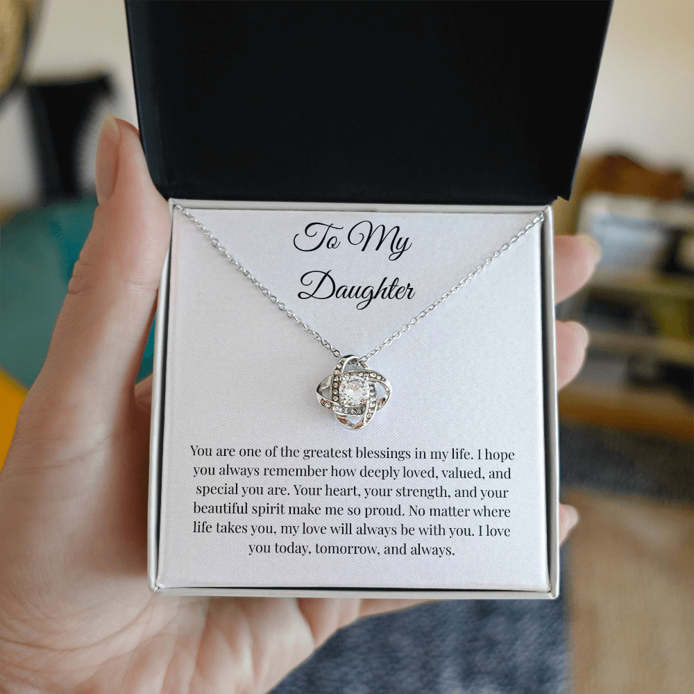 To My Daughter Love Knot Necklace – Meaningful Message Card Gift from Dad or Mom