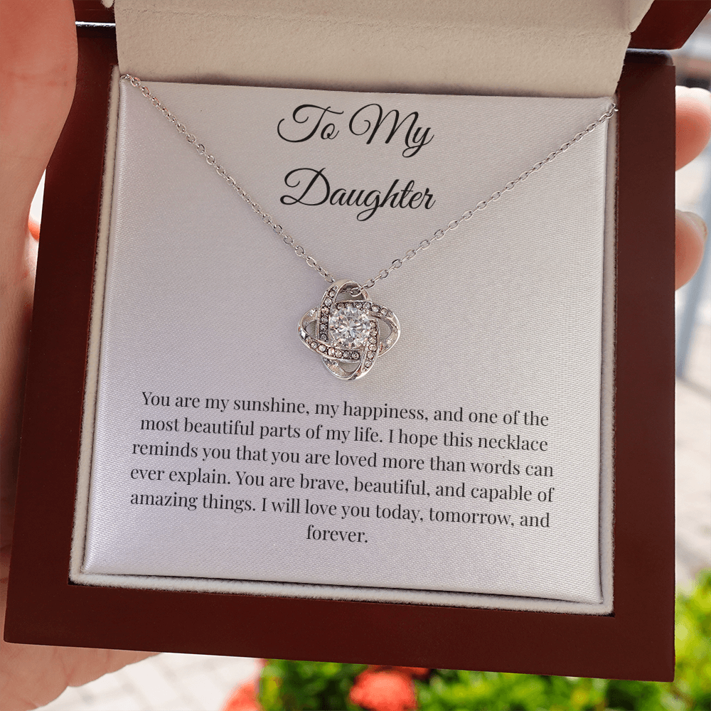 To My Daughter Love Knot Necklace – Sunshine Message Card Gift from Mom or Dad