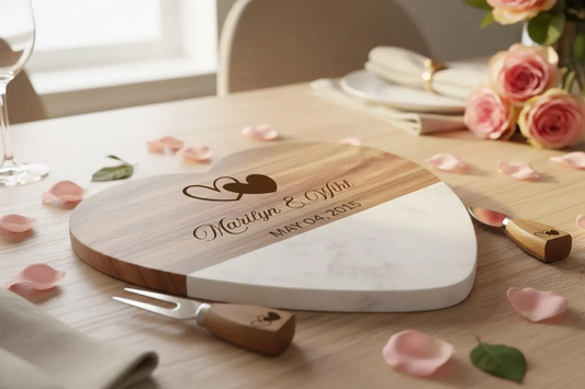 Personalized heart shaped wood and marble cutting board gift