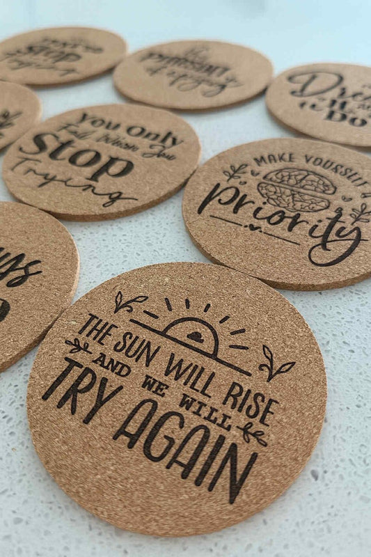 Inspirational Quote Cork Coaster Set: Self-Care Gift, Encouragement Decor