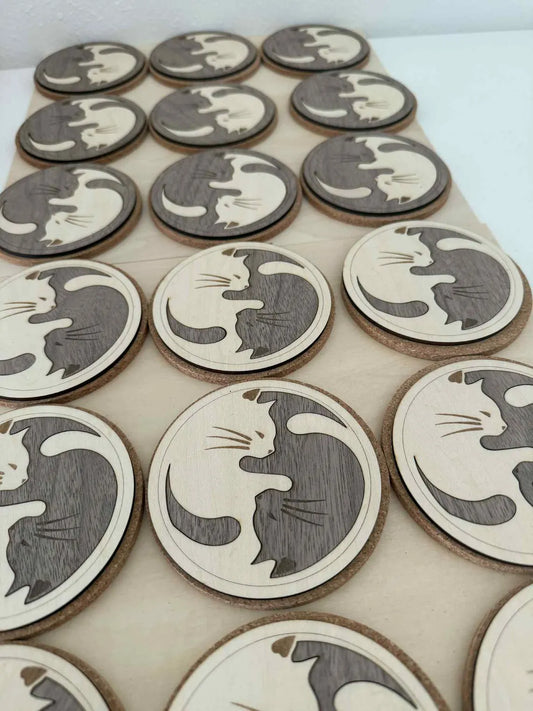 Yin Yang Cat Wooden Coasters – Handmade Laser-Cut Decor