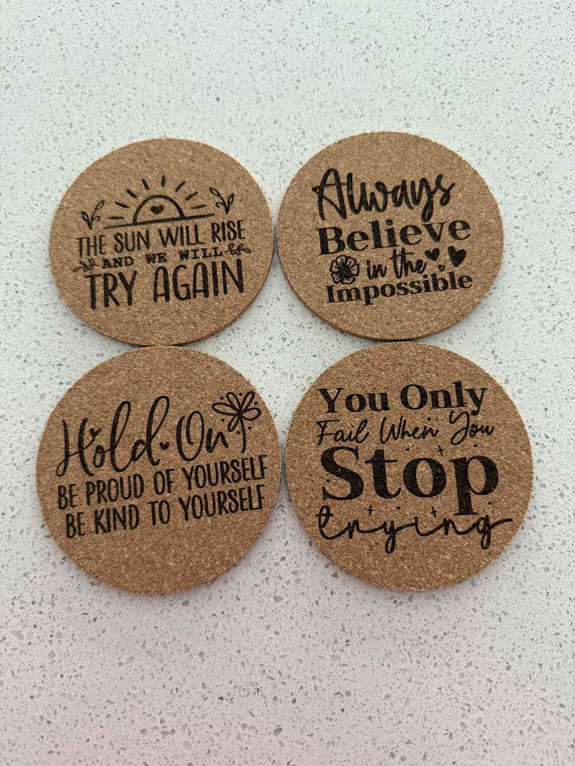 Inspirational Quote Cork Coaster Set: Self-Care Gift, Encouragement Decor