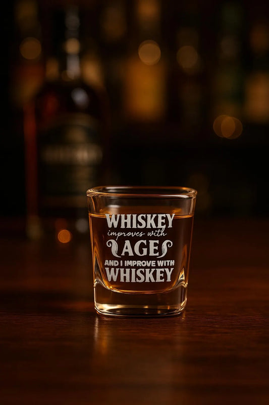WHISKEY improves with AGE and I improve with WHISKEY Engraved Shot Glass