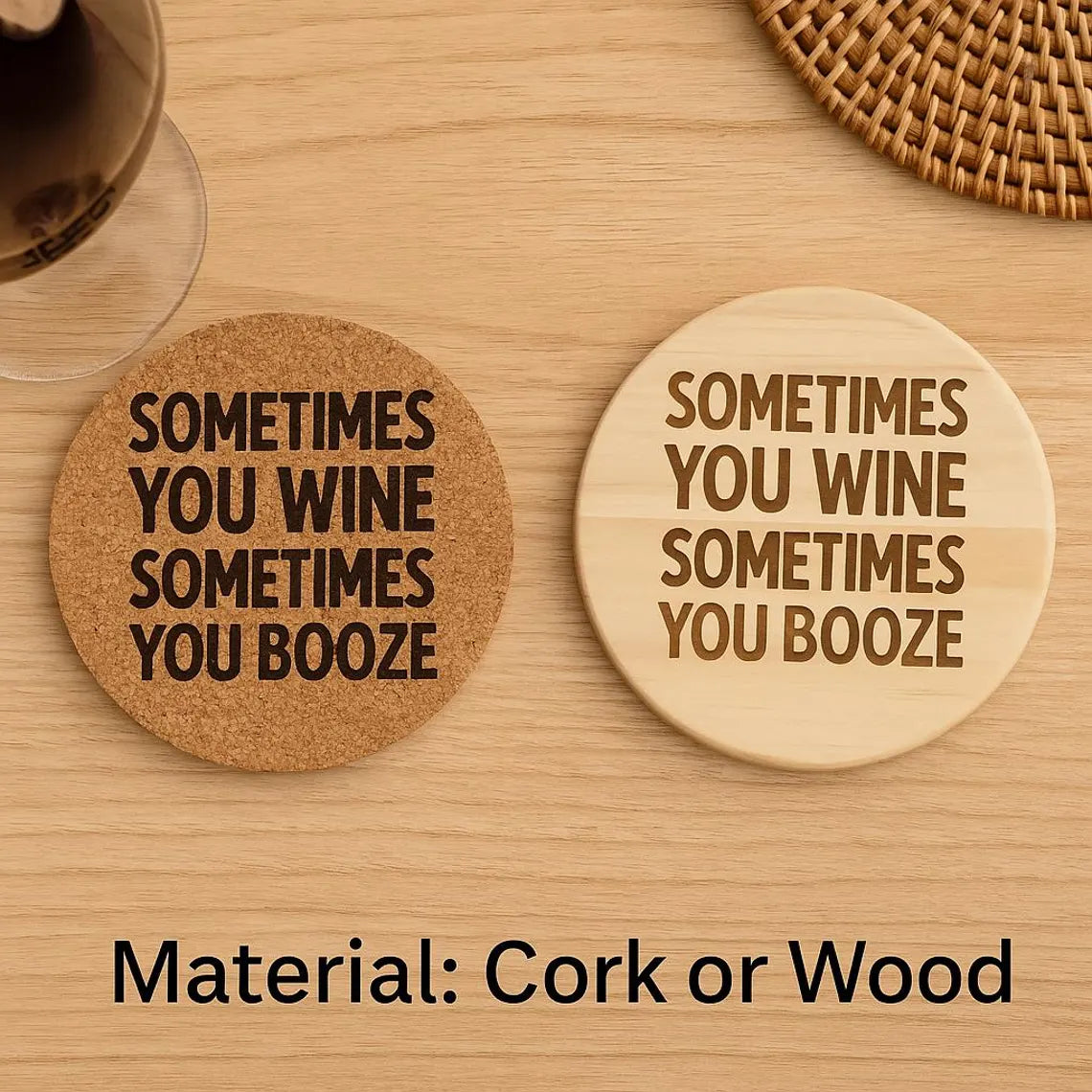 Funny Wine Coaster: Laser Engraved Cork or Wood