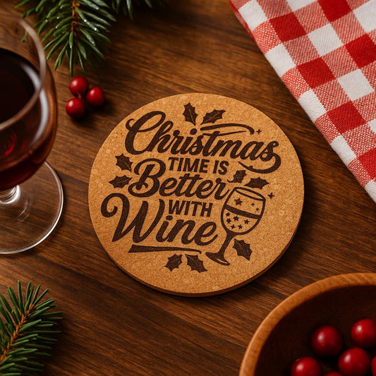 “Christmas Time Is Better With Wine” Engraved Cork or Wood Coaster