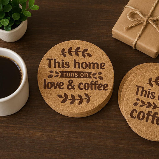 Laser Engraved 'Love & Coffee' Coaster: Farmhouse Decor, Cork or Wood