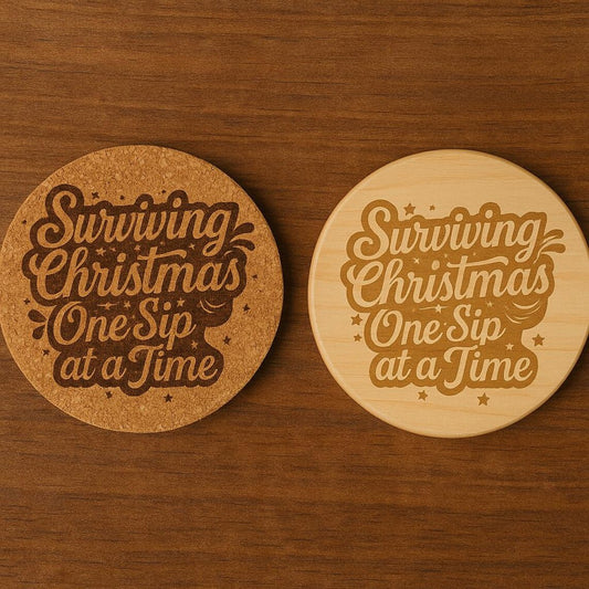 Funny Christmas Coaster: "Surviving Christmas" Engraved Cork or Wood Coaster