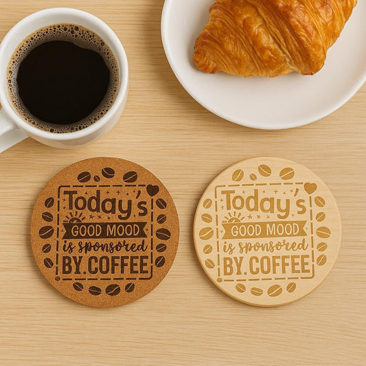 Engraved Coffee Coaster: Funny Coffee Quote, Cork or Wood Coaster
