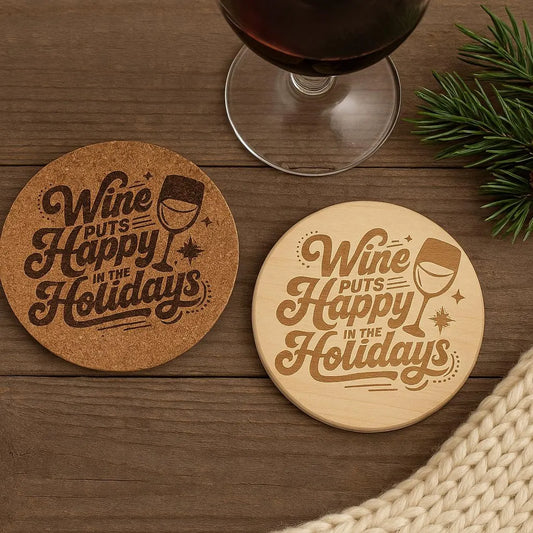 Wine Puts Happy in the Holidays Coaster | Laser Engraved Cork or Wood Coaster
