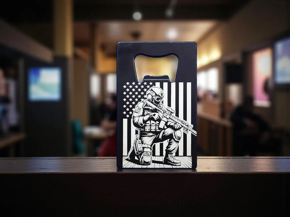 Engraved Soldier and American Flag Credit Card Bottle Opener