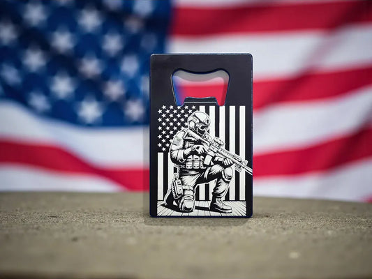 Engraved Soldier and American Flag Credit Card Bottle Opener