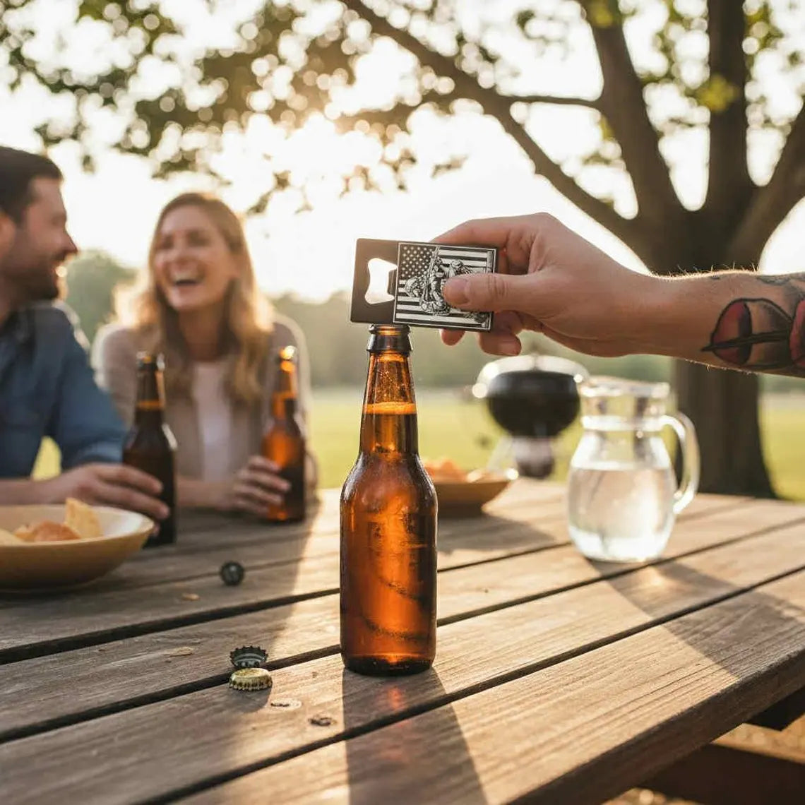 Engraved Soldier and American Flag Credit Card Bottle Opener