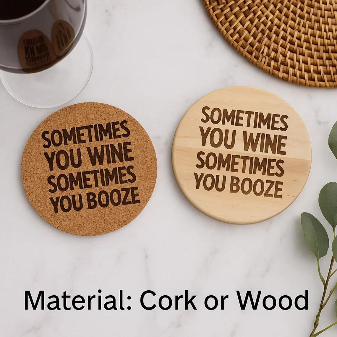 Funny Wine Coaster: Laser Engraved Cork or Wood