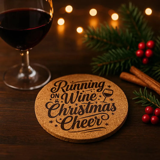 Running on Wine & Christmas Cheer, Cork or Wood Coaster