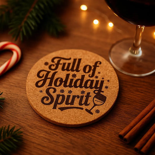 Full of Holiday Spirit Coaster – Laser Engraved Cork or Wood Drink Coaster